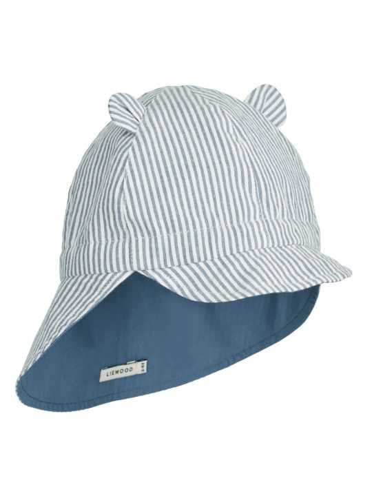 Chapeau bébé Gorm protège cou | Rayures bleu et crème
